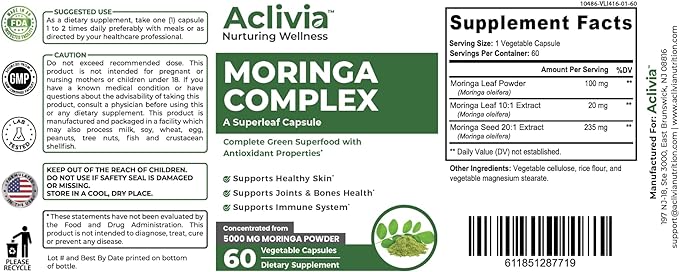 Moringa Complex with Oleifera Leaf & Seed Extract, Potent Strength 5000 mg per Serving, Complete Green-Based Superfood with Antioxidant Properties