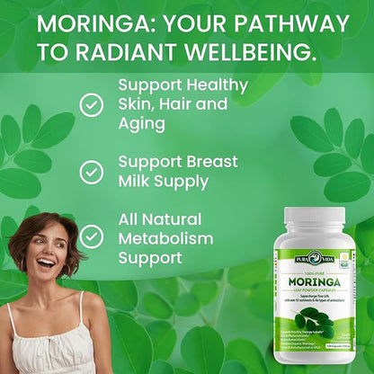 PURA VIDA MORINGA Capsules Single Origin Moringa Powder Organic. Moringa Leaf. Energy, Metabolism, & Immune Support. 120ct. 500mg Caps.