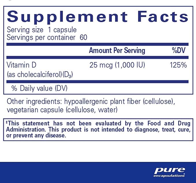 Pure Encapsulations Vitamin D3 25 mcg (1,000 IU) - Supplement to Support Bone, Joint, Breast, Heart, Colon & Immune Health - with Premium Vitamin D - 60 Capsules