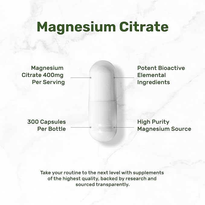 Magnesium Citrate 400mg Per Serving, 300 Veggie Capsules – Chelated, Easily Absorbed, Purified Trace Mineral – Muscle, Heart, & Digestive Support – Non-GMO