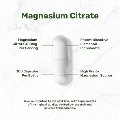 Magnesium Citrate 400mg Per Serving, 300 Veggie Capsules – Chelated, Easily Absorbed, Purified Trace Mineral – Muscle, Heart, & Digestive Support – Non-GMO