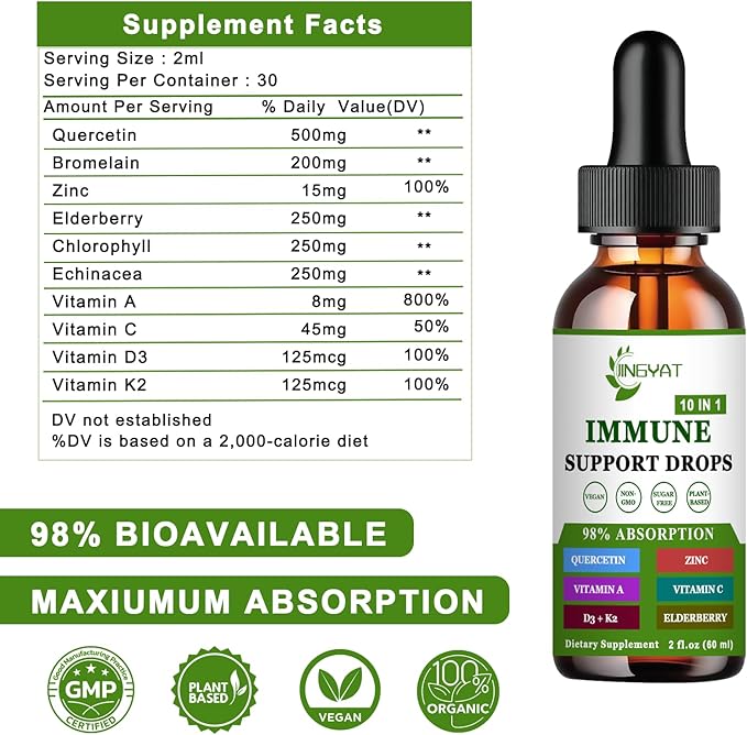 Zinc Quercetin with Bromelain Vitamin C D3 Liquid Drops Immune Support with Vitamin A K2 Echinacea Chlorophyll and Elderberry - 10 in1 Immune Defense Drops Complex for Immunity Health