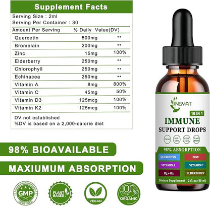 Zinc Quercetin with Bromelain Vitamin C D3 Liquid Drops Immune Support with Vitamin A K2 Echinacea Chlorophyll and Elderberry - 10 in1 Immune Defense Drops Complex for Immunity Health