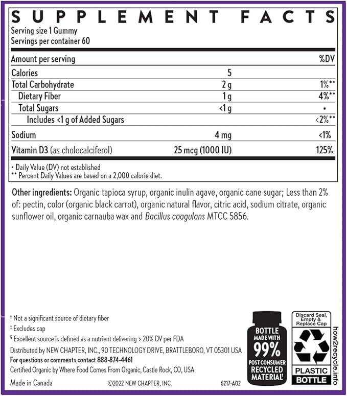 New Chapter Organic Vitamin D3+ Gummies – 72% Less Sugar§, 1,000 IU USDA Organic Vitamin D, ONE Daily Gummy for Strong Bones & Muscle Function, Non-GMO, Gluten Free, Mixed Berry Flavored, 60ct