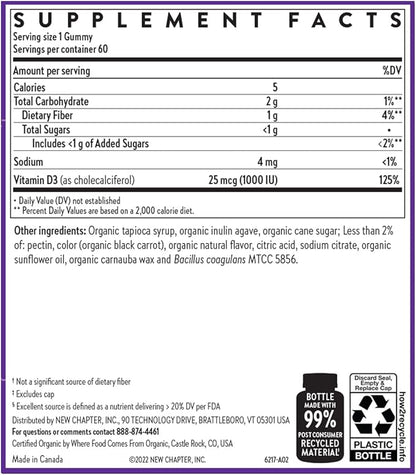 New Chapter Organic Vitamin D3+ Gummies – 72% Less Sugar§, 1,000 IU USDA Organic Vitamin D, ONE Daily Gummy for Strong Bones & Muscle Function, Non-GMO, Gluten Free, Mixed Berry Flavored, 60ct