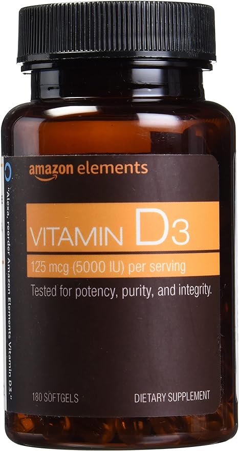 Amazon Elements Vitamin D3, 5000 IU, 180 Softgels, 6 month supply (Packaging may vary), Supports Strong Bones and Immune Health