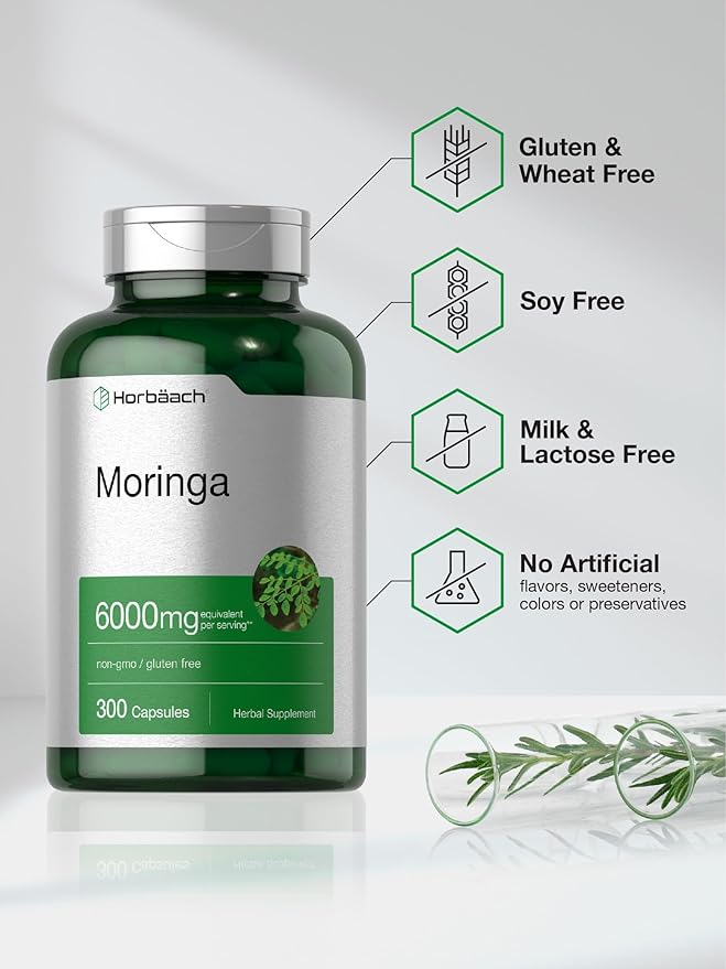 Horbäach Moringa Oleifera | 6000mg | 300 Powder Capsules | Non-GMO and Gluten Free Extract Formula | Complete Green Superfood