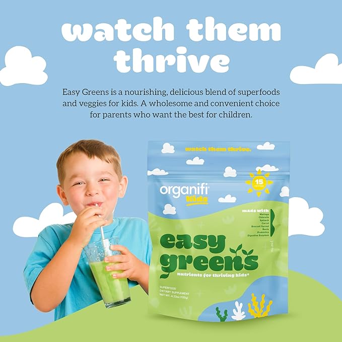 Organifi Kids: Easy Greens - Probiotics for Kids Made with a Delicious Blend of Vegetables and Superfoods - Plant-Based, Vegan, and No Gluten, Dairy, or Soy, 15 Servings