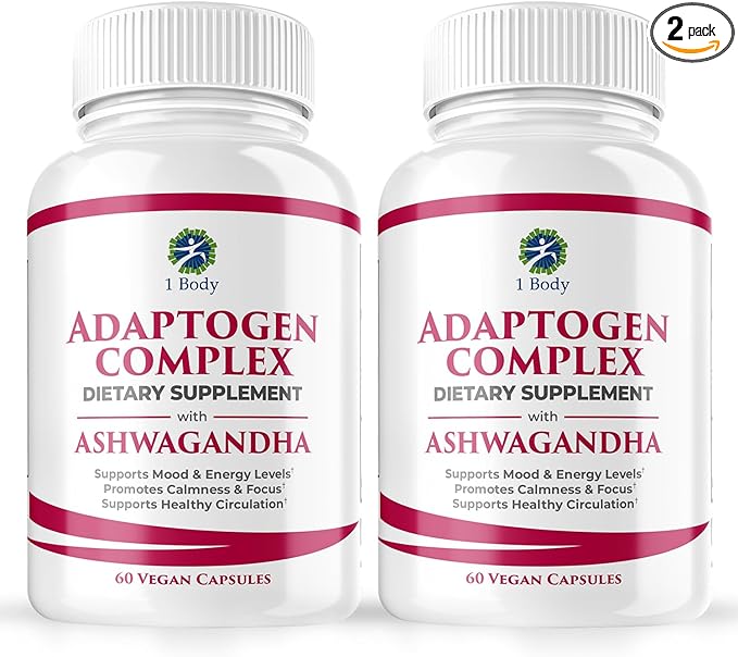 1 Body Ashwagandha Complex Supplement - Adaptogen Formula - Focus and Energy Support Supplement for Men and Women - 120 Vegan Capsules