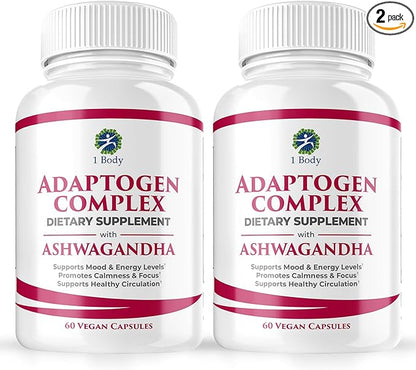 1 Body Ashwagandha Complex Supplement - Adaptogen Formula - Focus and Energy Support Supplement for Men and Women - 120 Vegan Capsules