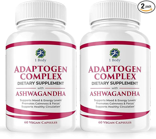 1 Body Ashwagandha Complex Supplement - Adaptogen Formula - Focus and Energy Support Supplement for Men and Women - 120 Vegan Capsules