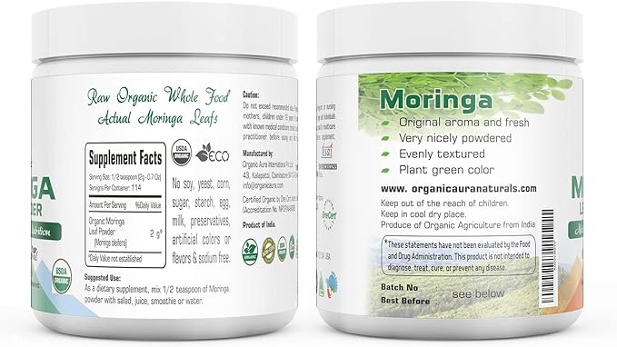 Certified Organic Moringa Leaf Powder-8Oz. USDA Certified Organic. Naturally boosts Energy, Metabolism & Immunity. 100% Pure and Raw. Green Whole Superfood. No GMO, Gluten Free.