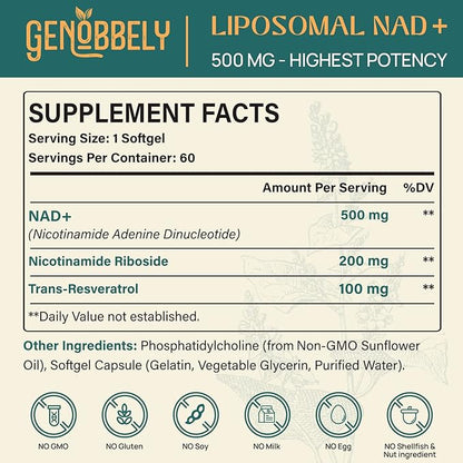 800 mg Liposomal NAD+ Supplement with Nicotinamide Riboside 200 mg, Trans-Resveratrol 100 mg - True NAD Supplement for DNA Repair, Healthy Aging, Brain Function - 120-Day Supply.