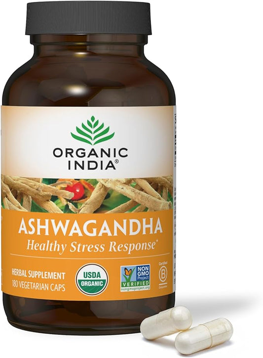 ORGANIC INDIA Ashwagandha Capsules - Organic Ashwagandha Supplement - Vegan Ashwagandha Root, Gluten-Free, Kosher, Non-GMO, Supports Stress Relief, Energy, and Sleep - 180 Capsules