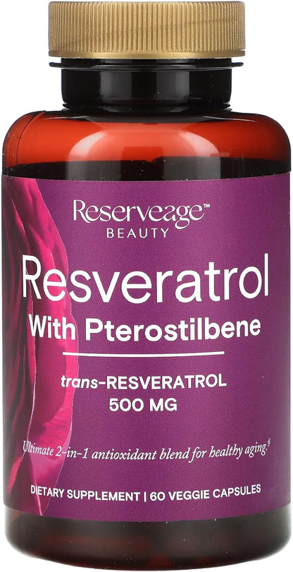 Reserveage Beauty, Resveratrol 500 mg with Pterostilbene, Antioxidant Supplement for Immune Support & Heart Health, Supports Healthy Aging, Paleo, Keto, 60 Capsules (60 Servings)