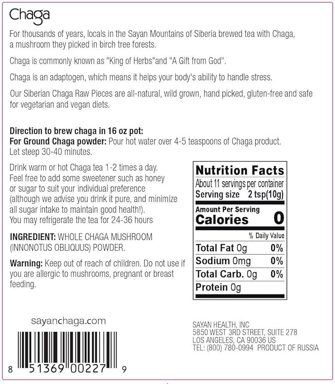 Sayan Siberian Raw Coarse Chaga Powder 4 Oz (113g) Wild Harvested Mushroom Tea, Powerful Adaptogen Antioxidant Supplement for Immune System and Digestive Health