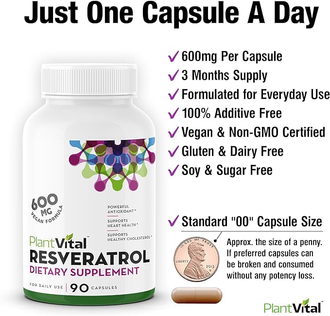 Plantvital RESVERATROL 600mg - Trans Resveratrol Supplement - Supports Immune System and Digestive Health - 90 Trans-resveratrol Capsules (1 Bottle)