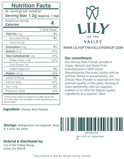 Lily of the Valley Chicory Root Powder - Soluble Fiber Powder - Dissolves Instantly in Hot Water or Milk - Vegan & Gluten-Free - Packed in Resealable Pouch (8oz, 226g)