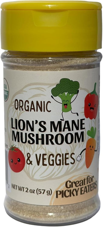 Lion's Grove Farm | Organic Lion's Mane Mushroom and Veggies | USA Grown Organic Lion's Mane Mushroom Powder | Fruiting Body Only | Vegetable Powder for Kids and Picky Eaters | 2 Oz