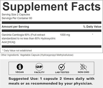 Pure Garcinia Cambogia Extract Supplement 500mg - 100% Natural HCA Extract Concentrated to 60% - Supports Healthy Digestion and Metabolism - 120 Capsules