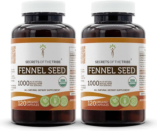 Secrets of the Tribe Fennel Seed 120 Capsules (2 pcs.), 1000 mg, USDA Organic Fennel Seed (Foeniculum vulgare) Dried Seed (2x120 Capsules)