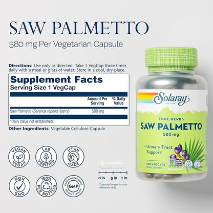 SOLARAY Saw Palmetto Berry 580 mg, Healthy Prostate and Urinary Tract Support from Fatty Acids & Plant Sterols for Men and Women, Non-GMO, Vegan & Lab Verified, 180 VegCaps, 180 Servings