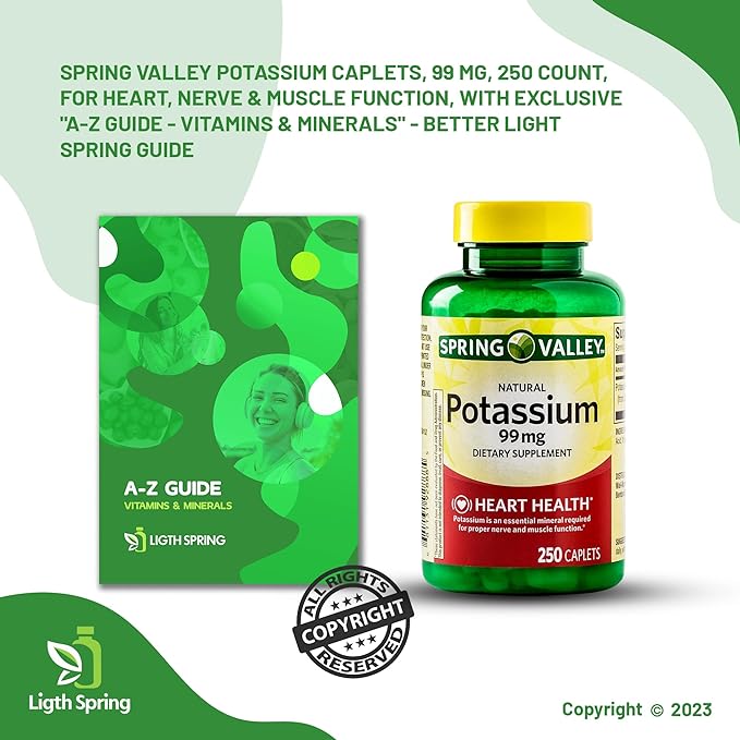 Spring Valley Potassium Capsules, 99 mg, 250 Count Bundle with Exclusive Vitamins & Minerals A to Z - Better Light&Spring Guide + Weekly Pill Organizer (3 Items)