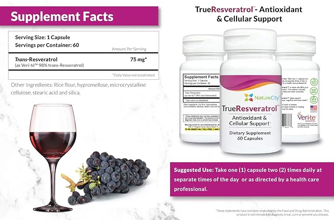 True-Resveratrol - 75mg of 98% Pure Veri-te | Trans-Resveratrol Antioxidants Supplement (60 Veggie Capsules) | Anti Aging Supplement | Immune, Bone, and Cognitive Support | Knotweed Free