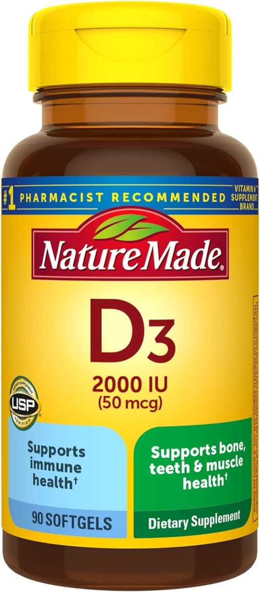 Nature Made Vitamin D3, 90 Softgels, Vitamin D 2000 IU (50 mcg) Helps Support Immune Health, Strong Bones and Teeth, & Muscle Function, 250% of The Daily Value for Vitamin D in One Daily Softgel