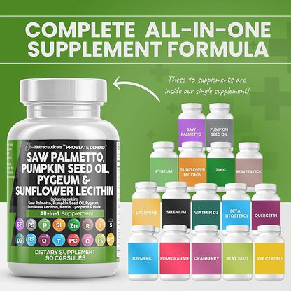 Clean Nutraceuticals Saw Palmetto 10000mg Pumpkin Seed Oil 3000mg Pygeum 3000mg Sunflower Lecithin 3000mg Stinging Nettle Cranberry - Prostate Supplements for Men with Lycopene - 90 Caps