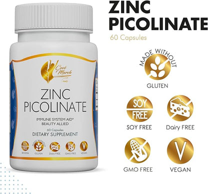 Coco March Zinc Picolinate - Immune System Aid, Beauty Ally, Bio-Available Form for High Absorption - Gluten Free, Soy Free, Dairy Free, GMO Free, Vegan - 60 Servings