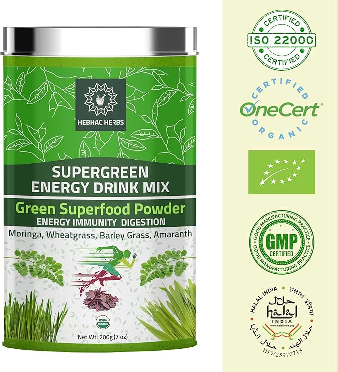 Organic Super Green Energy Drink Mix 200g (7 oz) Moringa Powder, Wheat Grass Powder, Barley Grass Powder, Amaranth Powder, Greens Superfood Detox Powder, Natural Energy Drink Mix 200g