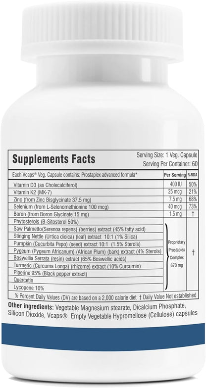 Trexgenics PROSTAPLEX Advanced Prostate Health with beta-sitosterol, Saw Palmetto Stinging Nettle pygeum Pumpkin Turmeric Quercetin lycopene Selenium Vitamin D3 Zinc Boron and K2-7 (60 Veg Capsules)