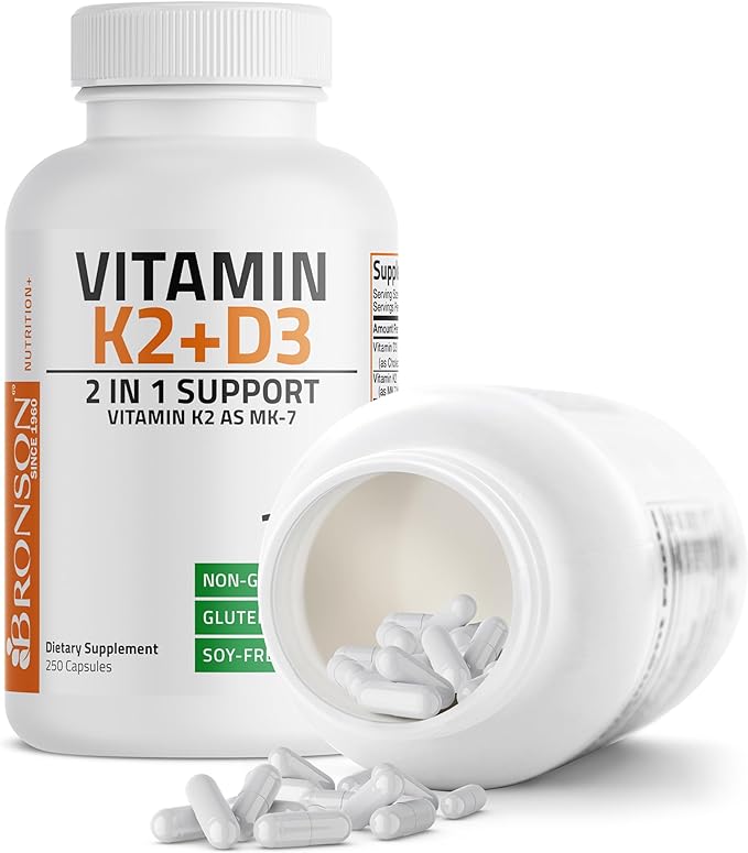 Bronson Vitamin K2 (MK7) with D3 Supplement Bone and Heart Health Non-GMO Formula 5000 IU Vitamin D3 & 90 mcg Vitamin K2 MK-7 Easy to Swallow Vitamin D & K Complex, 250 Capsules