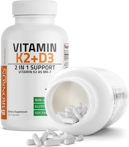 Bronson Vitamin K2 (MK7) with D3 Supplement Bone and Heart Health Non-GMO Formula 5000 IU Vitamin D3 & 90 mcg Vitamin K2 MK-7 Easy to Swallow Vitamin D & K Complex, 250 Capsules