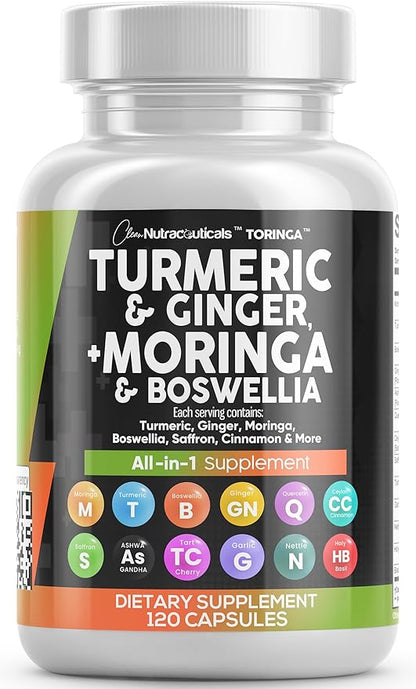 Turmeric Curcumin 30000mg Ginger 3000mg Moringa 50000mg Boswellia 3000mg Saffron 2000mg - Joint Support Supplement for Women and Men with Ceylon Cinnamon, Quercetin, Tart Cherry - 120 Caps