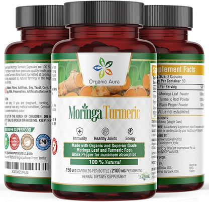 Moringa Turmeric Curcumin Capsule. 150 Veg. Whole Green Superfood. Natural Essential Nutrition - Energy, Stamina, Metabolism, Immunity and Endurance. Non GMO and Gluten Free.