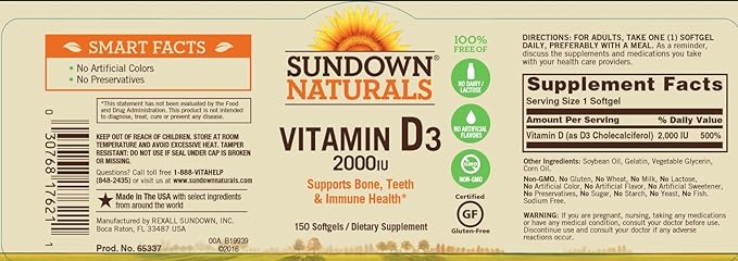 Sundown Vitamin D3 2000 Iu, Supports Immune, Bone and Teeth Health*, 150 Softgels Non-GMOˆ, Free of Gluten, Dairy, Artificial Flavors (Pack of 2)