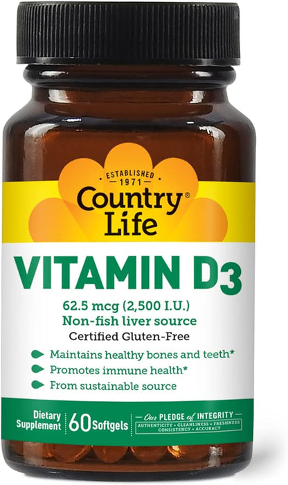 Country Life Vitamin D3, Non-Fish 2500 IU, 60 Softgels, Certified Gluten Free