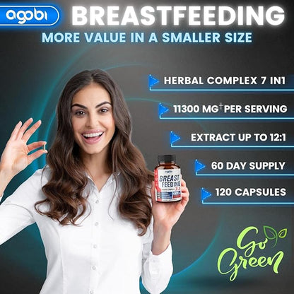 agobi Herbal Breastfeeding Supplements 11300mg Equivalent - 7in1 Blended Moringa Leaf, Fenugreek, Blessed Thistle & More for Women's Milk Encouragement 120 Vegan Capsules for 2 Months