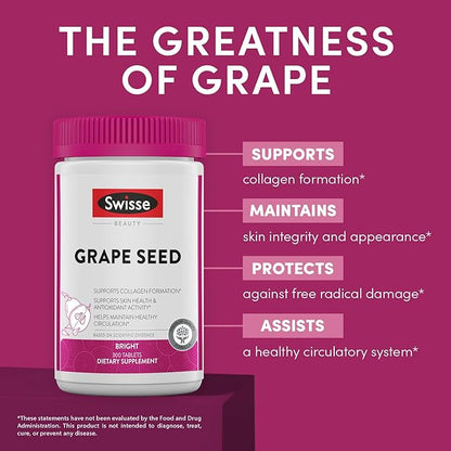 Swisse Grape Seed Extract Capsules Antioxidant Herbal Supplement | Grapeseed Polyphenols Supplement + Antioxidant Vitamin C | Promotes Skin Health & Collagen Production | 300 Tablets