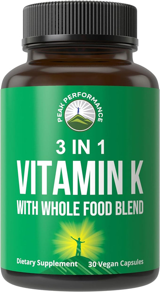 Vitamin K with Whole Food Blend of 25+ Vegetables and Fruits for Max Absorption. Vegan Capsules Supplement. Vitamins K1, K-2 MK4 + K2 Natto MK7. Alternative to Drops, Gummies. VIT K with K 2 and MK-7