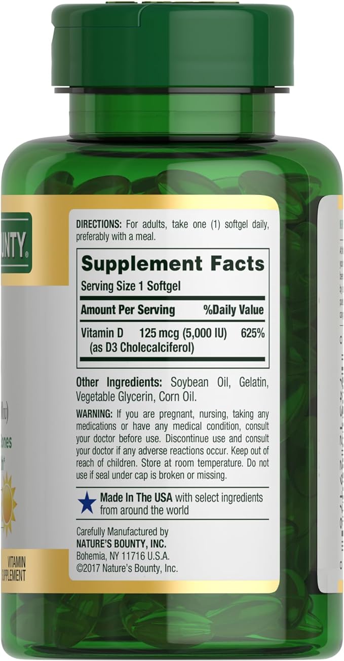 Nature's Bounty Vitamin D3, Immune Support, 125 mcg (5000iu), Rapid Release Softgels, 240 Ct