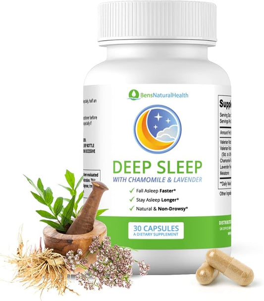 Ben's Natural Health Deep Sleep Natural Sleep Aid with Melatonin for Adults, Mood Support and Sleep Support Pills with Valerian Root Extract, 1 Bottle