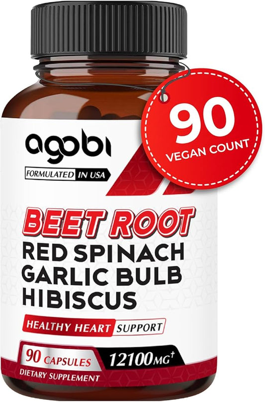 agobi 5in1 Beet Root Capsules 12100mg - Added with Red Spinach, Organic Garlic Bulb, Hibiscus & Black Pepper - Support for Energy Production, Immune System & Digestive Health - 90 Vegan Capsules