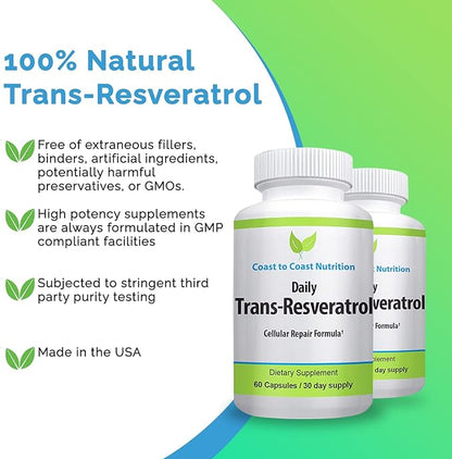 Trans Resveratrol Supplement - Organic Capsules - Supplements for Women and Men, Natural Antioxidant, Polyphenols Supplement - 60 Capsules, 600mg, 30 Day Supply