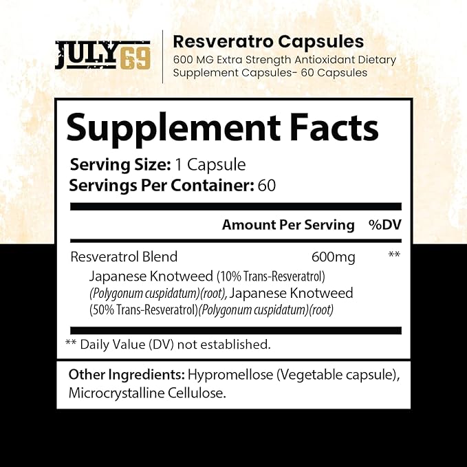 Resveratrol Capsules 600mg per Serving, Potent Antioxidant Dietary Supplement Capsules, 60 Capsules in 1 Bottle, Made in USA