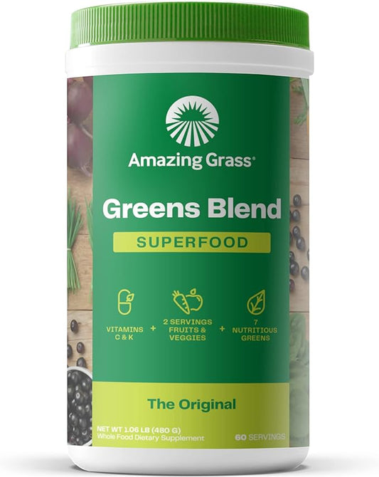 Amazing Grass Greens Superfood Powder: Greens Powder with Digestive Enzymes & Probiotics, Organic Spirulina, Chlorella, and Beet Root Powder, Original, 60 Servings