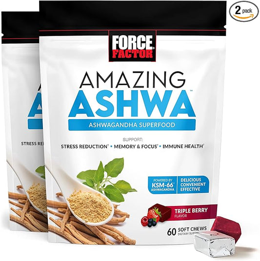 FORCE FACTOR Amazing Ashwa for Stress Relief, Memory, Focus, and Immune Support Health, Ashwaganda Supplement with KSM-66 Ashwagandha for Stress, 120 Soft Chews