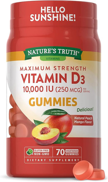 Nature's Truth Vitamin D3 Gummies | 10000 IU | 70 Count | Peach Mango Flavor | Vegetarian, Non-GMO & Gluten Free Supplement